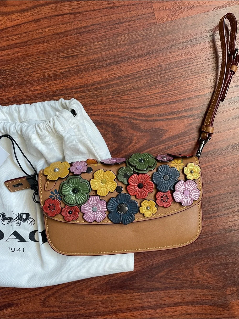 COACH Tan Floral Appliqué Leather Wristlet Clutch with Multicolor Flowers
